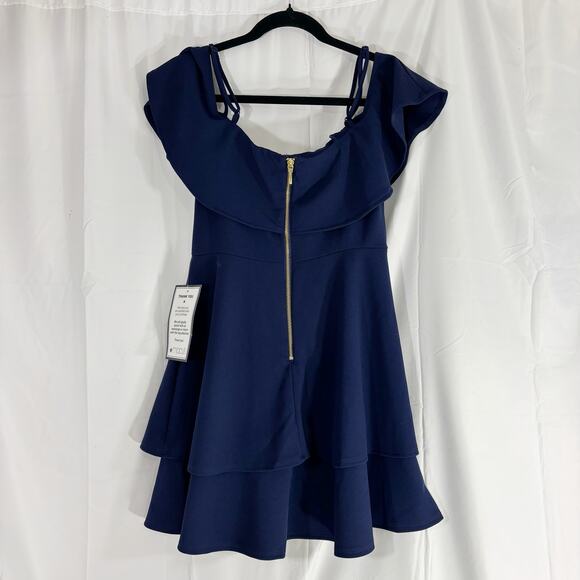 Navy Juniors Womens Ruffled Off-The-Shoulder Cocktail and Party Dress - Picture 4 of 6